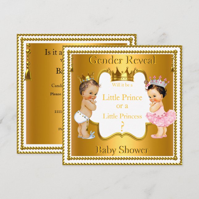 Prince Princess Gender Reveal Baby Dusche Brünett Einladung (Vorne/Hinten)