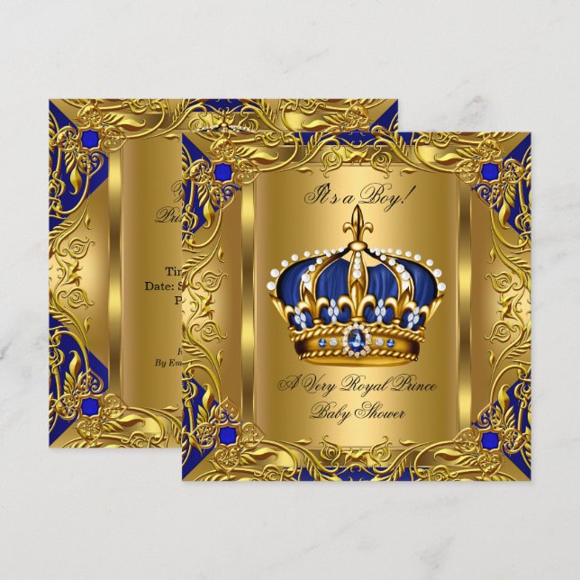 Prince Royal Blue Baby Shower Boy Regal Gold 3 Einladung (Vorne/Hinten)