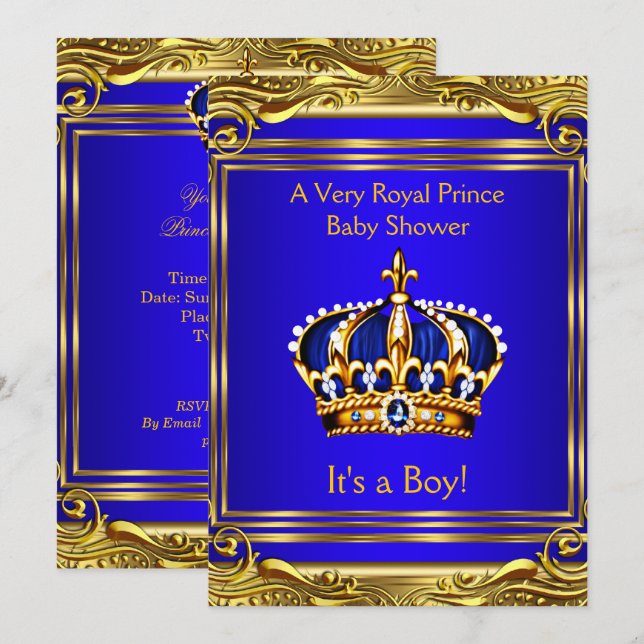 Prince Royal Blue Baby Shower Gold Boy Einladung (Vorne/Hinten)