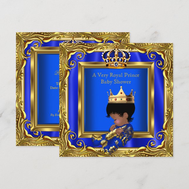 Prince Royal Blue Baby Shower Gold Frame Boy Einladung (Vorne/Hinten)