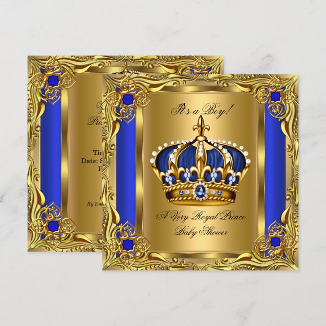 Prince Royal Blue Baby Shower Regal Gold Boy Einladung (Vorne/Hinten)