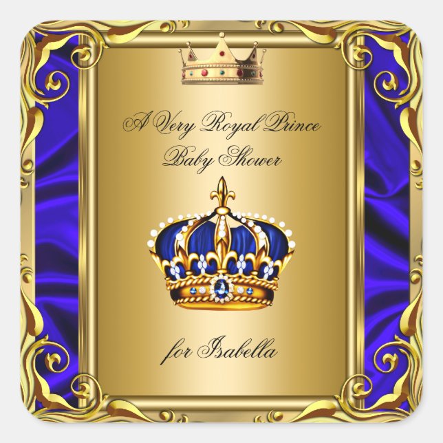 Prince Royal Blue Baby Shower Regal Gold Quadratischer Aufkleber (Vorderseite)