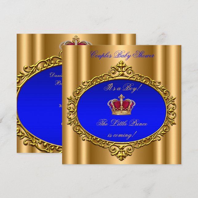 Prince Royal Blue Boy Baby Shower Crown Gold Einladung (Vorne/Hinten)