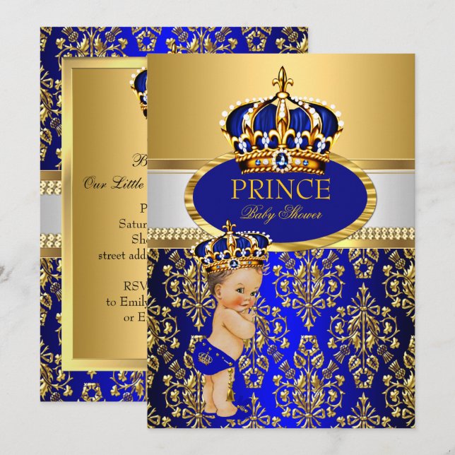 Prince Royal Blue Crown Baby Shower Brünett Boy Einladung (Vorne/Hinten)