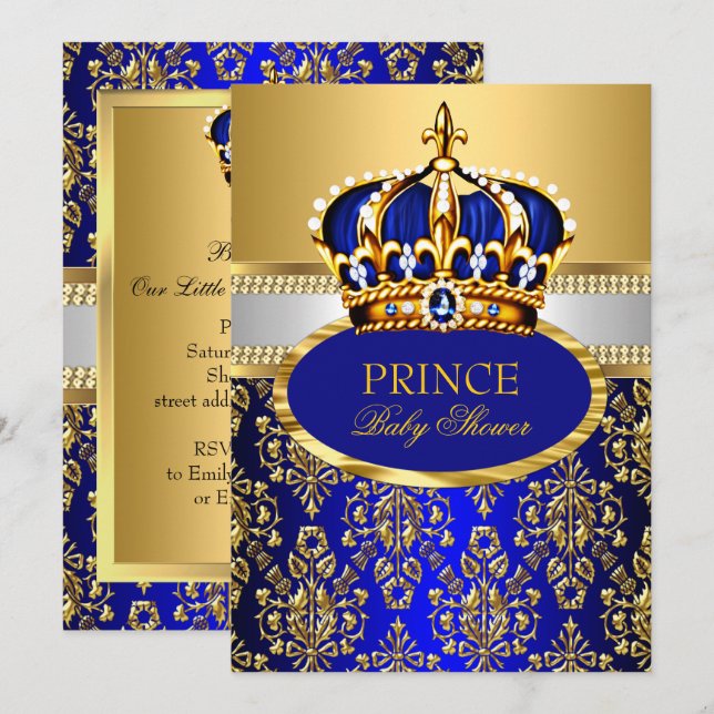 Prince Royal Blue Crown Babydusche Einladung (Vorne/Hinten)