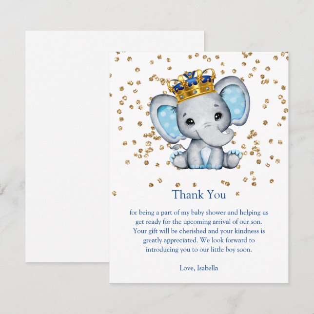Prince Royal Blue Gold Elephant Boy Baby Dusche Einladung (Vorne/Hinten)