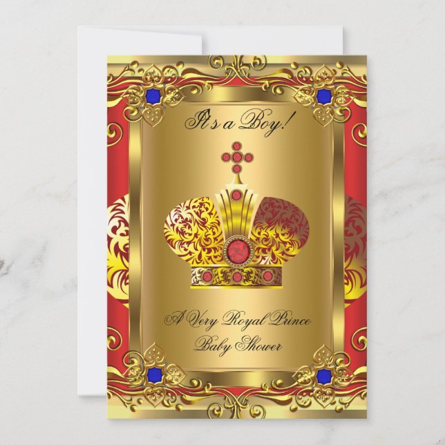 Prince Royal Blue Regal Red Boy Baby Dusche Gold A Einladung (Vorderseite)