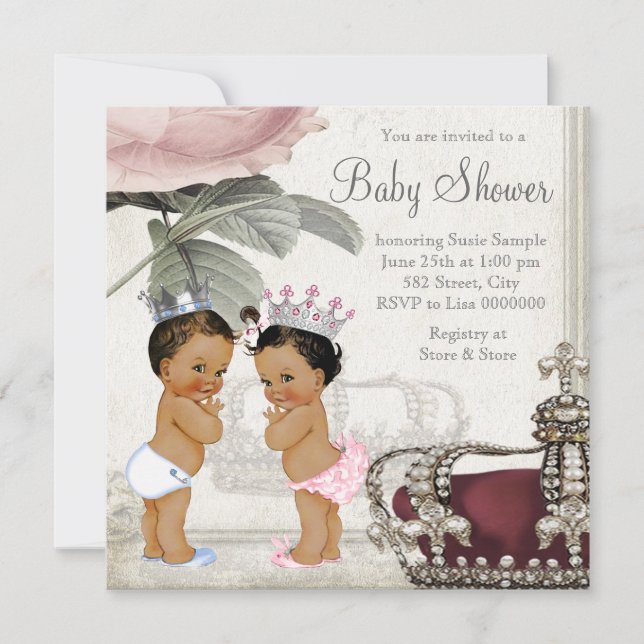 Prince und Princess Ethnic Twin Baby Dusche Einladung (Vorderseite)