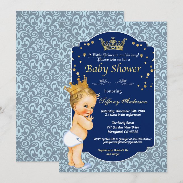 Prince Vintage Babydusche königsblau Einladung (Vorne/Hinten)