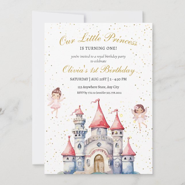Princess 1. Geburtstag Einladung, Prinzessin Burg (Vorderseite)