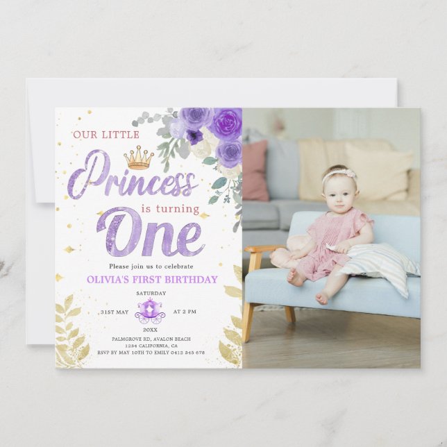 Princess 1St Birthday Foto Crown Lilac Lila Einladung (Vorderseite)