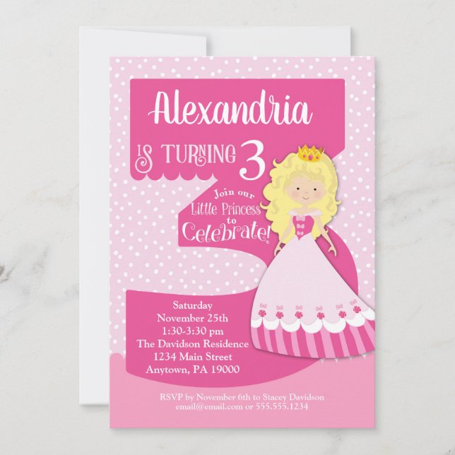 Princess 3. Geburtstag Einladung Blonde Girl (Vorderseite)