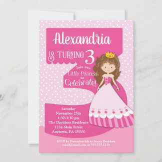 Princess 3. Geburtstagseinladung Brünette Girl Einladung