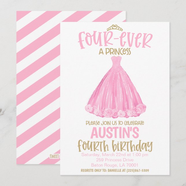 Princess 4th Birthday Party Invitation Einladung (Vorne/Hinten)