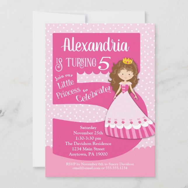 Princess 5th Birthday Einladung Brünett Girl (Vorderseite)