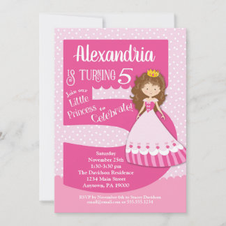 Princess 5th Birthday Einladung Brünett Girl