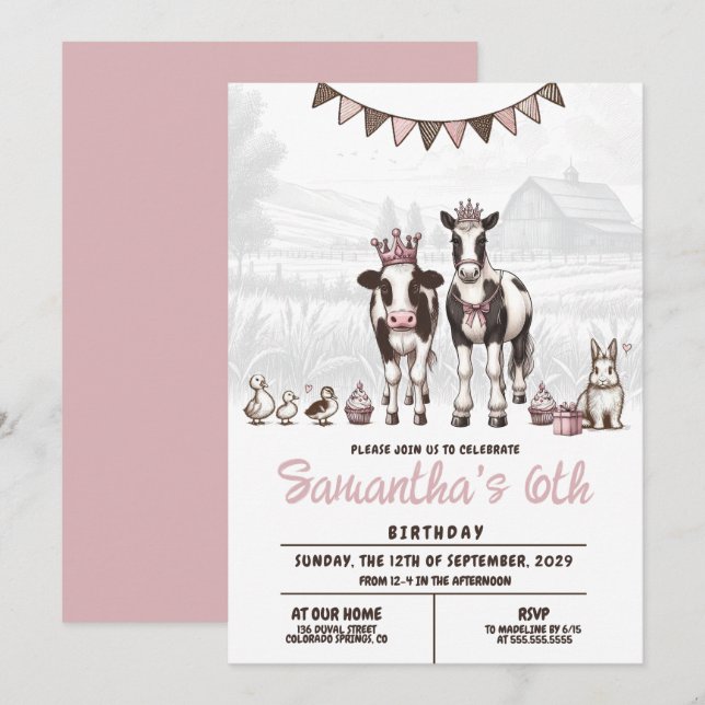 Princess Animals Birthday Party Invitation (Devant / Derrière)
