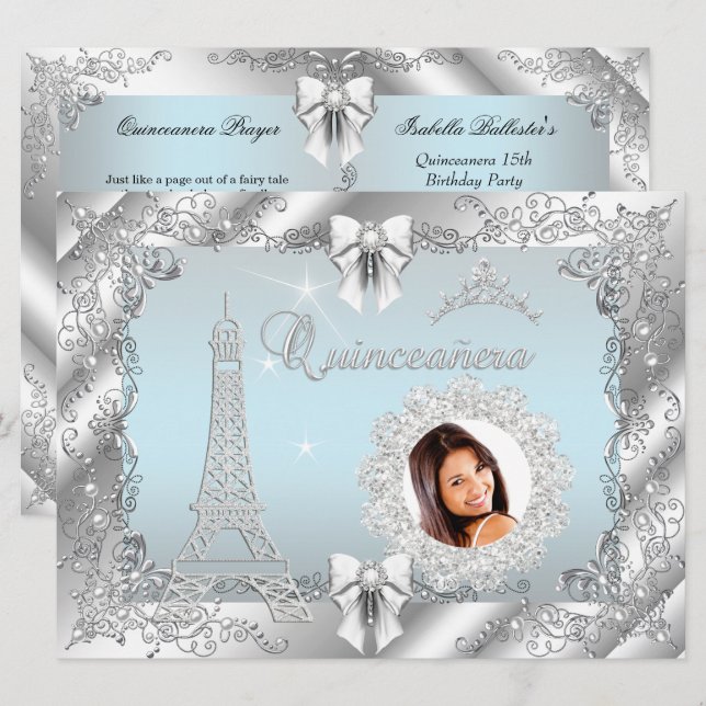 Princess Aquamarin Blue Quinceanera Silver Foto BI Einladung (Vorne/Hinten)