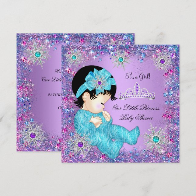 Princess Baby Dusche Aquamarin Blue Lila Pink Brun Einladung (Vorne/Hinten)