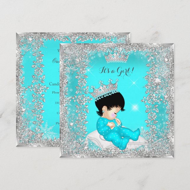 Princess Baby Dusche Aquamarin Blue Silver Brünett Einladung (Vorne/Hinten)