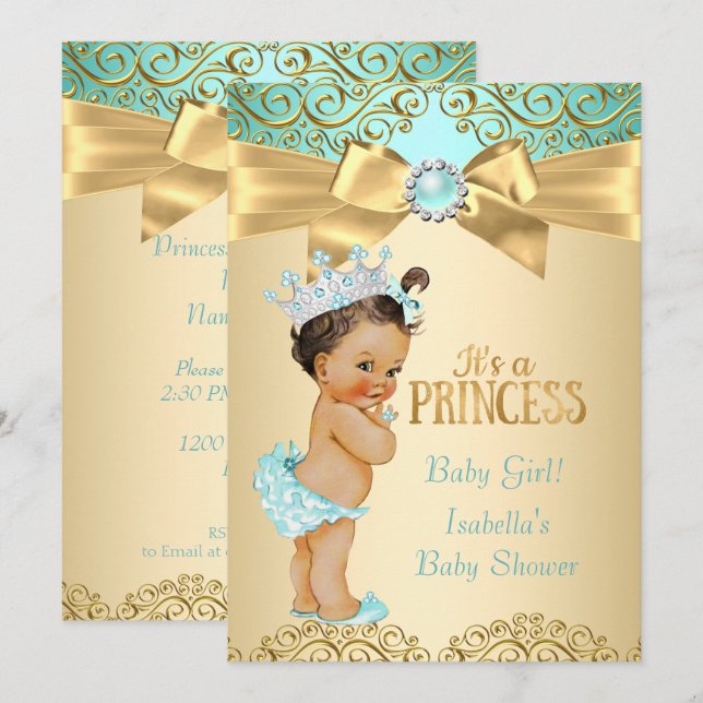 Princess Baby Dusche Aquamarin Gold Damask Einladung (Vorne/Hinten)