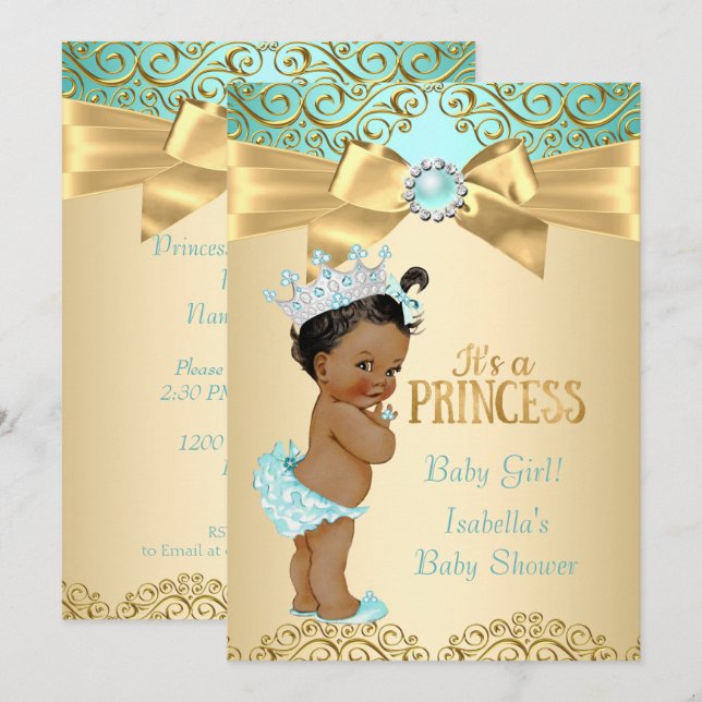 Princess Baby Dusche Aquamarin Gold Damask Ethnic Einladung (Vorne/Hinten)