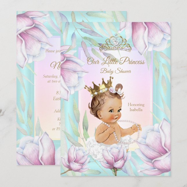 Princess Baby Dusche Aquamarin Pink Lilac Floral Einladung (Vorne/Hinten)