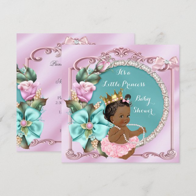 Princess Baby Dusche Aquamarin Rosa Ethnisch Einladung (Vorne/Hinten)