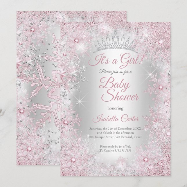 Princess Baby Dusche Blush Pink Winter Wonderland Einladung (Vorne/Hinten)