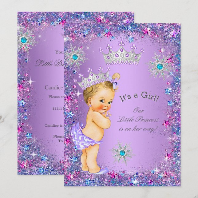 Princess Baby Dusche Lila Aquamarin Blue Pink Blon Einladung (Vorne/Hinten)