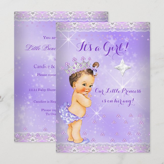 Princess Baby Dusche Lilac Lavender Tiara Brünett Einladung (Vorne/Hinten)