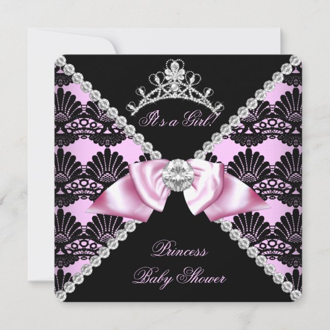 Princess Baby Dusche Pink Black Lace Diamond Einladung (Vorderseite)