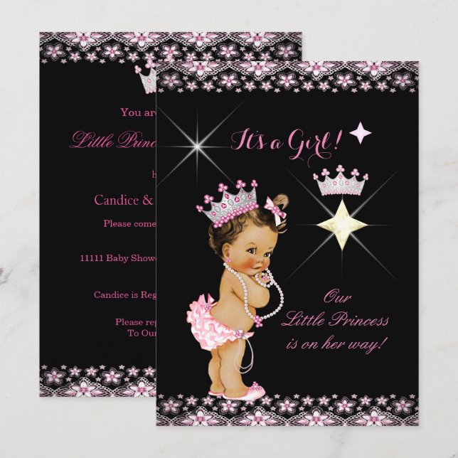 Princess Baby Dusche Pink Black Tiara Brünett Einladung (Vorne/Hinten)