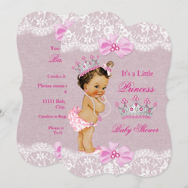 Princess Baby Dusche Pink Burlap Lace Brünett Einladung (Vorne/Hinten)