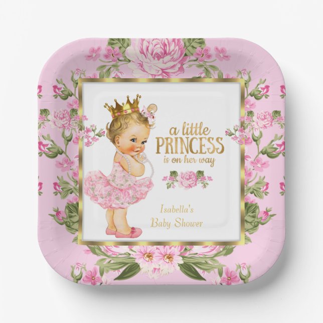 Princess Baby Dusche Pink Gold Rose Blondine Pappteller (Vorderseite)