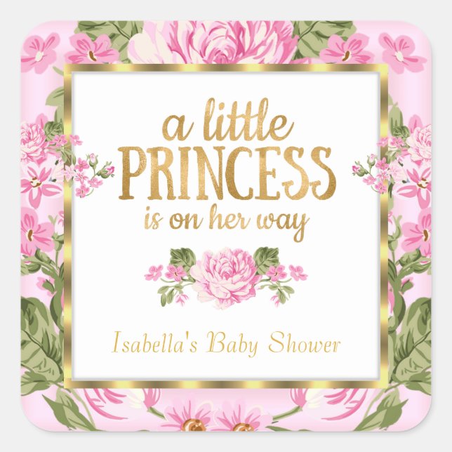Princess Baby Dusche Pink Gold Rose Blumenaufklebe Quadratischer Aufkleber (Vorderseite)