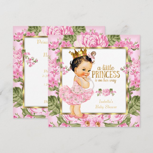 Princess Baby Dusche Pink Gold Rose Blumenstrauß Einladung (Vorne/Hinten)