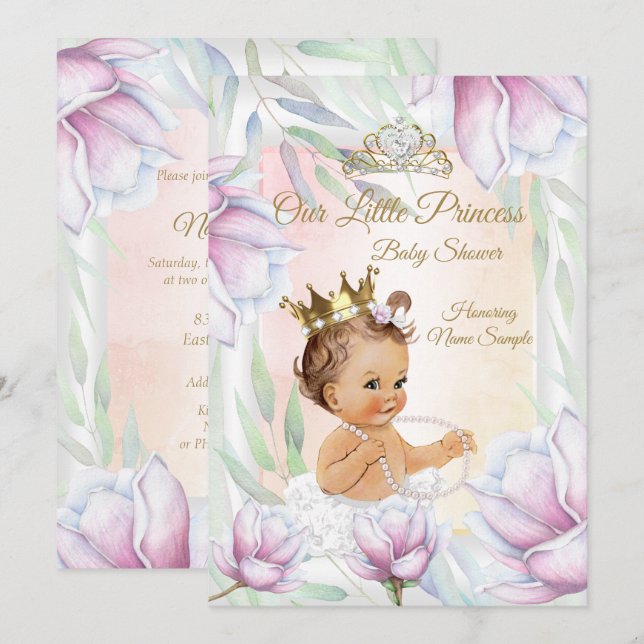 Princess Baby Dusche Pink Lilac Brünett Einladung (Vorne/Hinten)