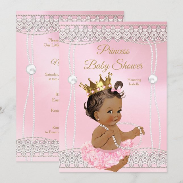 Princess Baby Dusche Pink Perlspitze Spitze brünet Einladung (Vorne/Hinten)
