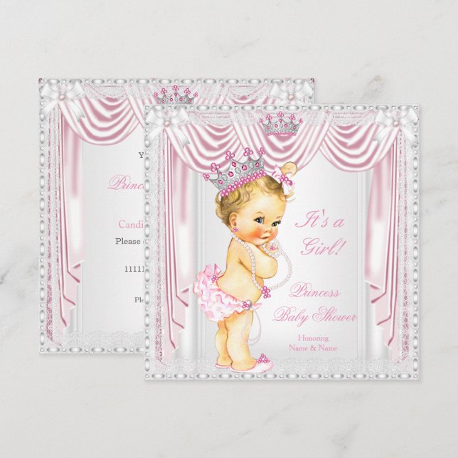 Princess Baby Dusche Pink Satin Light Skin Einladung (Vorne/Hinten)