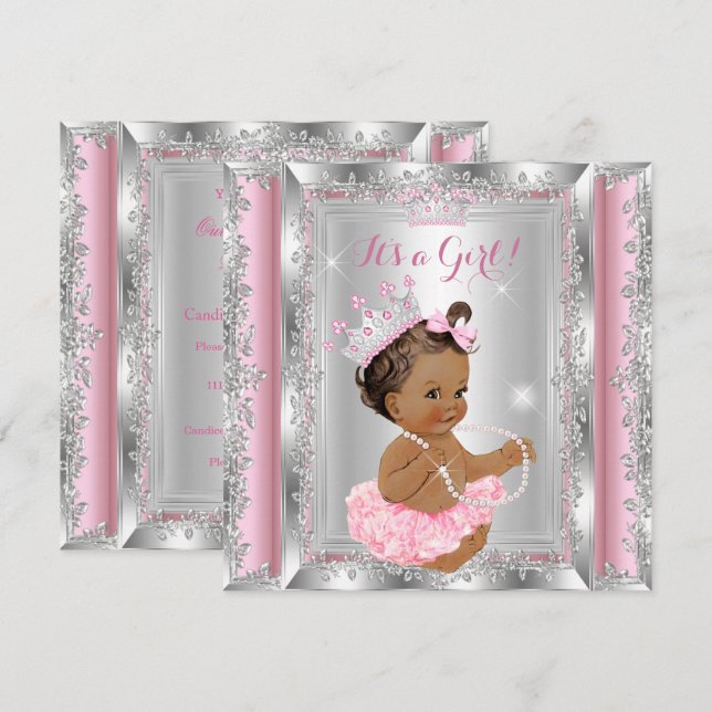 Princess Baby Dusche Pink Silver Tutu Brünett 2 Einladung (Vorne/Hinten)