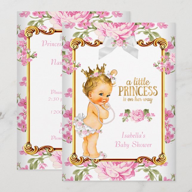Princess Baby Dusche Pink White Floral Blonde 2 Einladung (Vorne/Hinten)