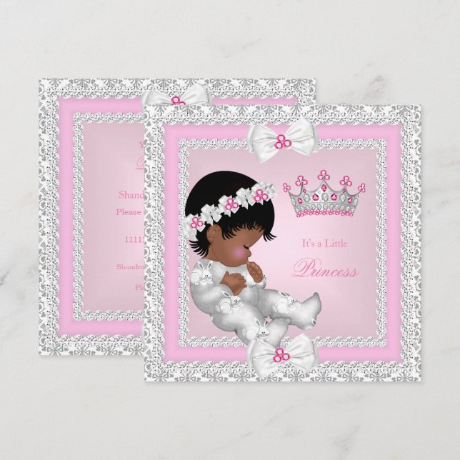 Princess Baby Dusche Pink White Gray Damask Ethnis Einladung (Vorne/Hinten)