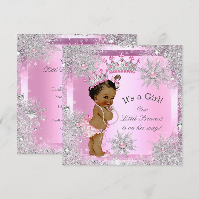 Princess Baby Dusche Pink Winter Wonderland Ethnis Einladung (Vorne/Hinten)