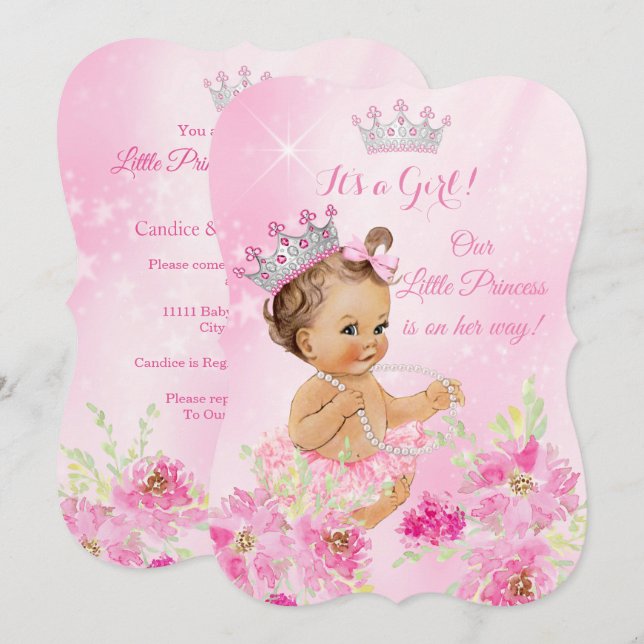 Princess Baby Dusche Rosa Blumendusche Tutu Brünet Einladung (Vorne/Hinten)