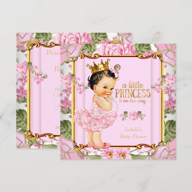 Princess Baby Dusche Rosa Rose Brünett Einladung (Vorne/Hinten)