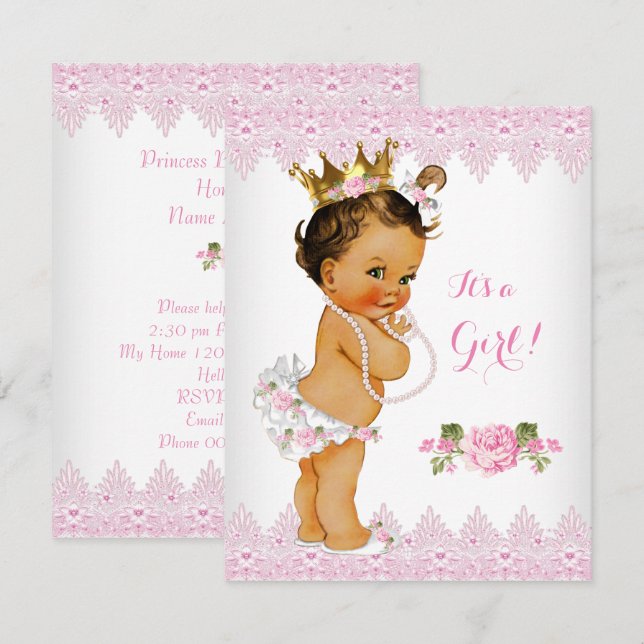 Princess Baby Dusche Rosa Schnürsenkel Weiß Brünet Einladung (Vorne/Hinten)