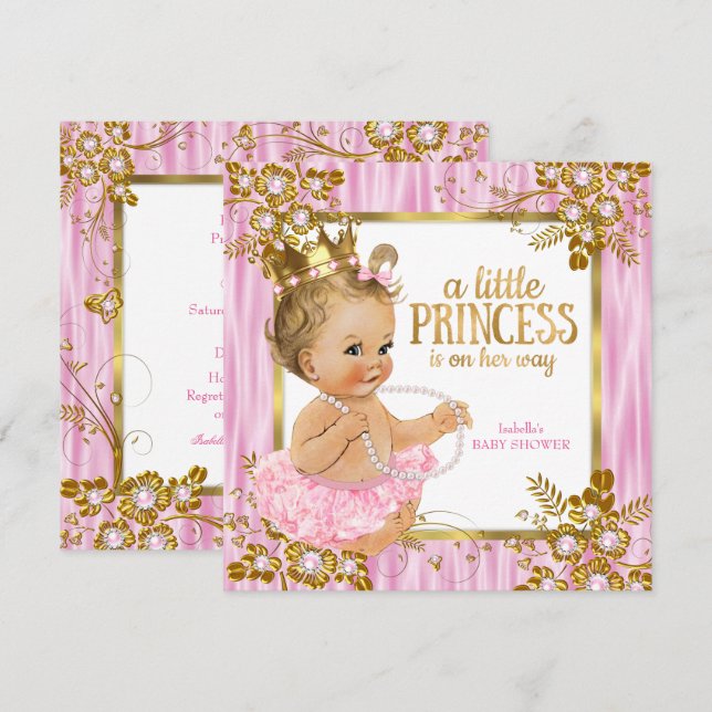 Princess Baby Dusche Rosa Seide Blondine Einladung (Vorne/Hinten)