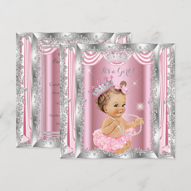 Princess Baby Dusche Rosa Silver Ballerina Light Einladung (Vorne/Hinten)