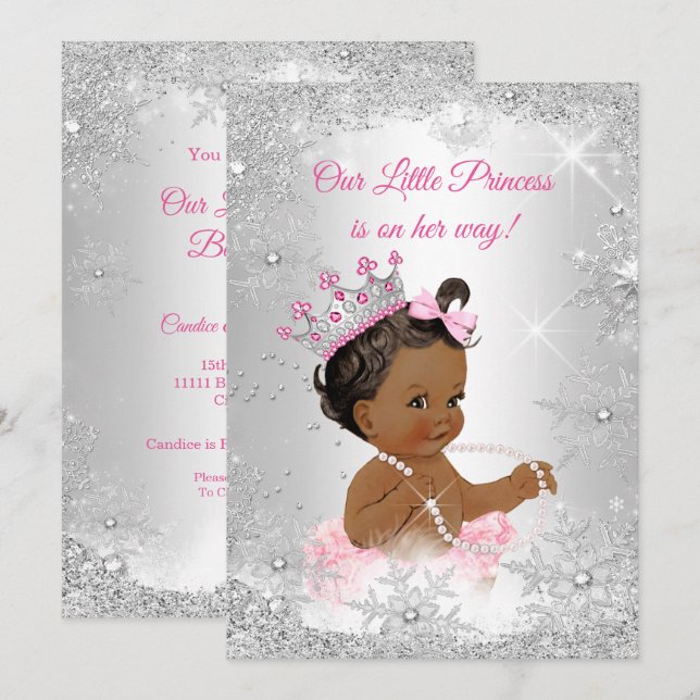 Princess Baby Dusche Rosa Silver Winter Ethnic Einladung (Vorne/Hinten)
